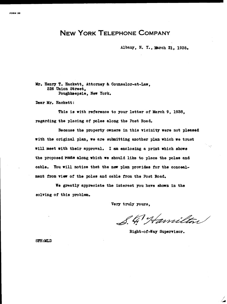 [a901ae01.jpg] - Letter from New York Telephone Company to Hackett, March 31, 1938