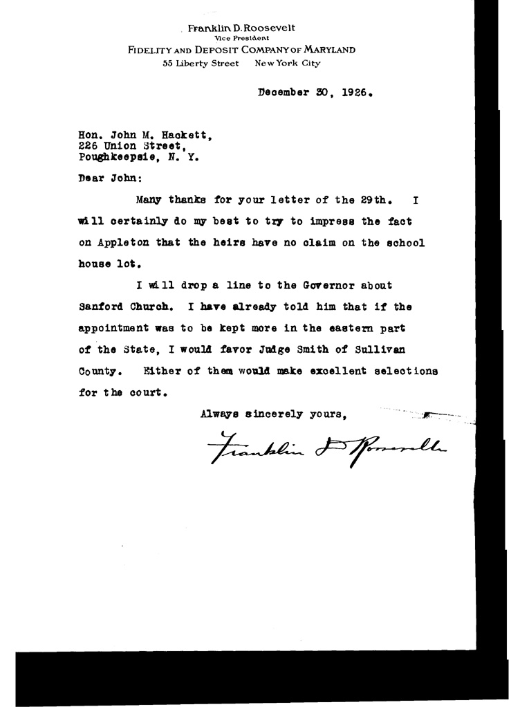 [a901ag01.jpg] - Letter to John M. Hackett from Franklin D. Roosevelt, December 30, 1926