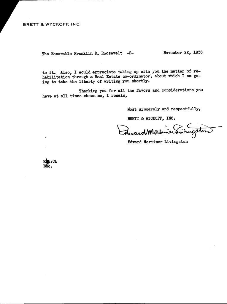 [a901ak02.jpg] - Letter to President Roosevelt from  Edward Mortimer Livingston, November 22, 1938