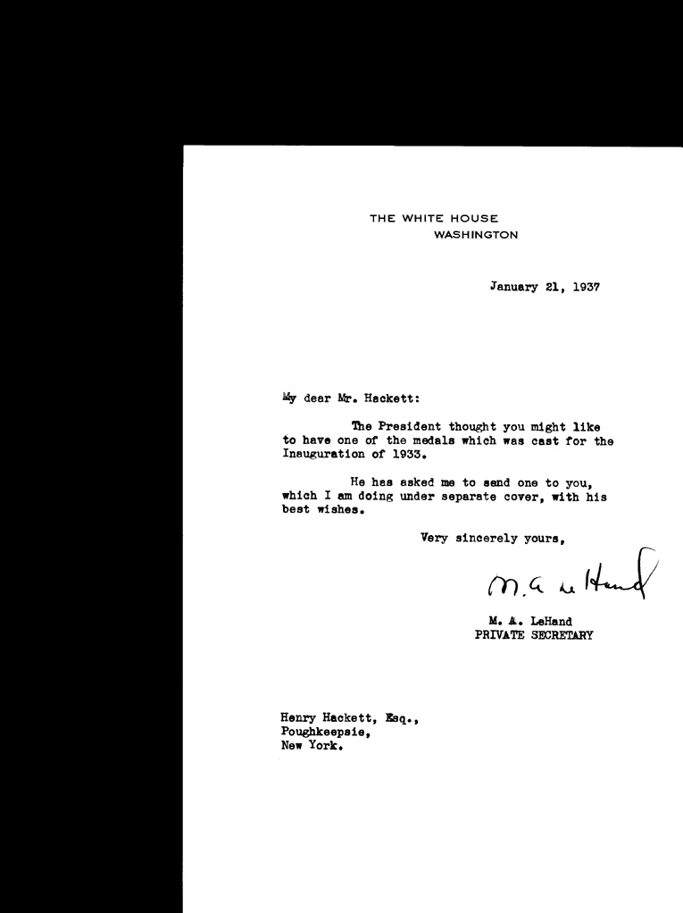 [a901ao01.jpg] - Letter to Hackett from M.A. Lehand, Private Secretary of  President Roosevelt's, 1924-1941