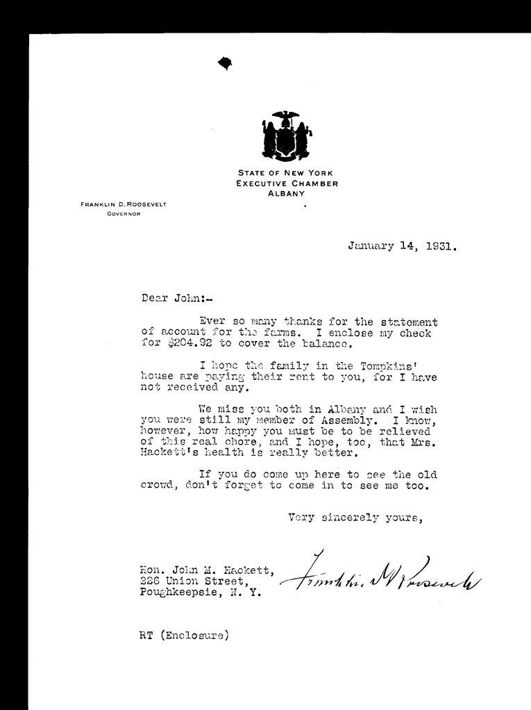 [a901ap01.jpg] - Letter to John M. Hackett from Governor Roosevelt, January 14, 1931