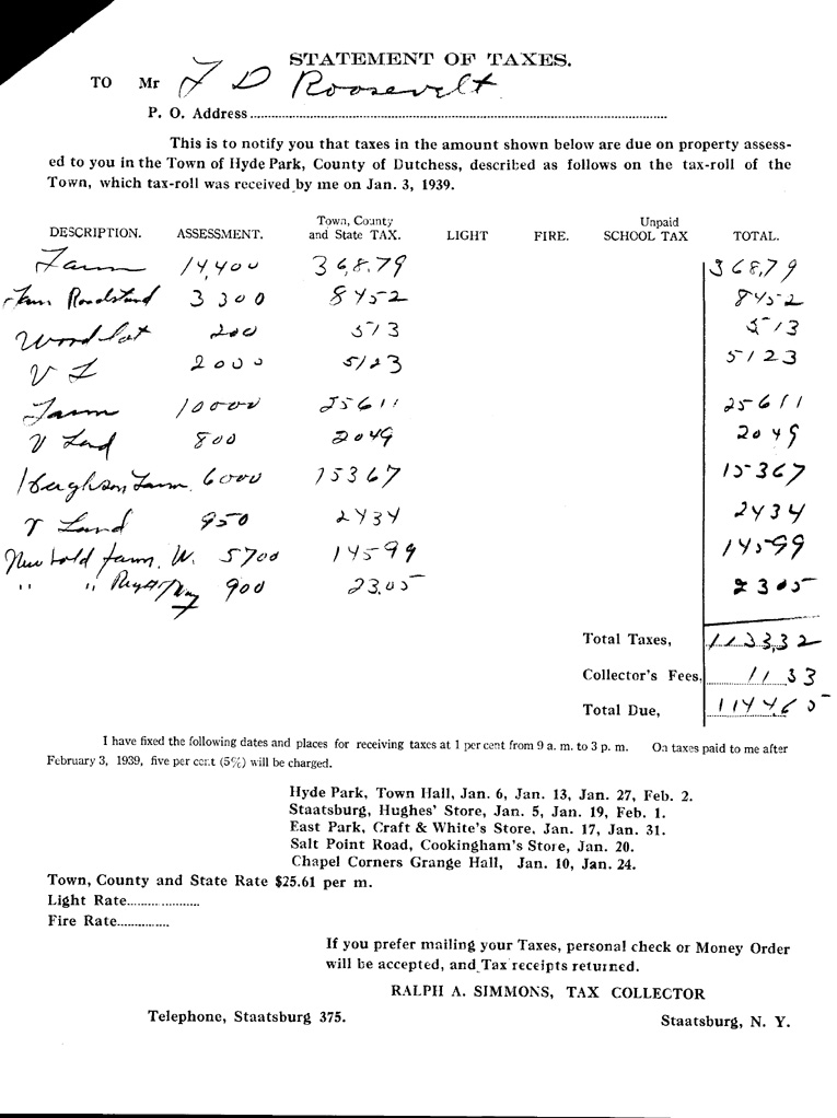 [a901av01.jpg] - Notice of taxes owed for the Franklin D. Roosevelt lands January 24, 1939