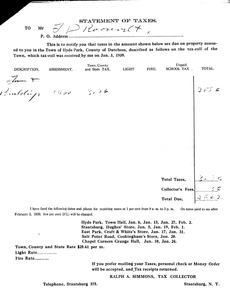 [a901av02.jpg] - Notice of taxes owed for the Franklin D. Roosevelt lands January 24, 1939