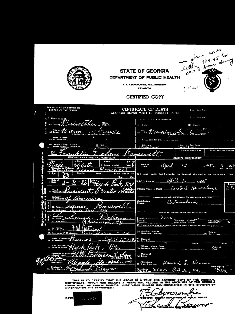 [a901ay01.jpg] - Copy of official Death notice of F.D.R. April 12, 1945