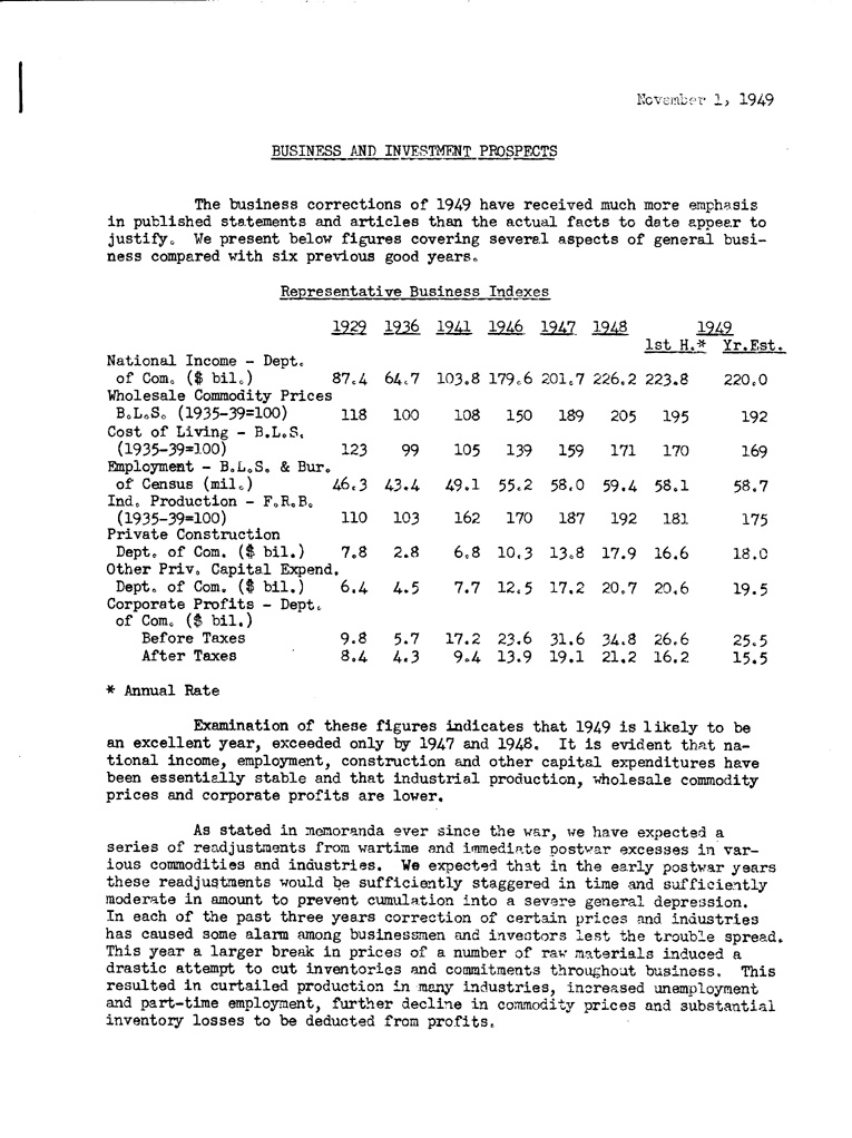 [a901bd01.jpg] - Statement of Business and Investment Prospects November 1, 1949