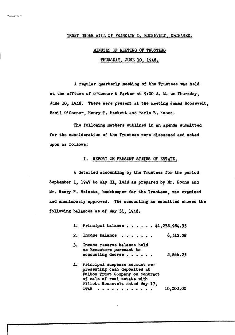 [a902ac04.jpg] - Agenda and Minutes of Trustees meeting for F.D.R.'s estate June 10, 1948