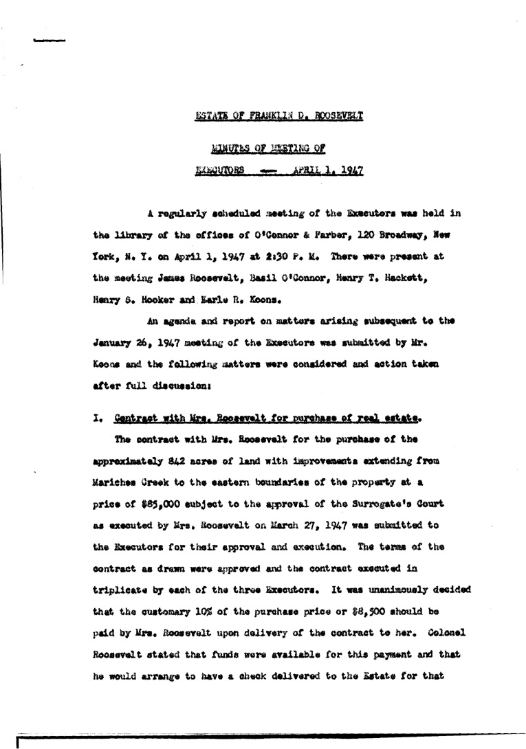 [a902ae10.jpg] - Agenda and Minutes of Meeting of Executors of F.D.R.'s estate April 1, 1947