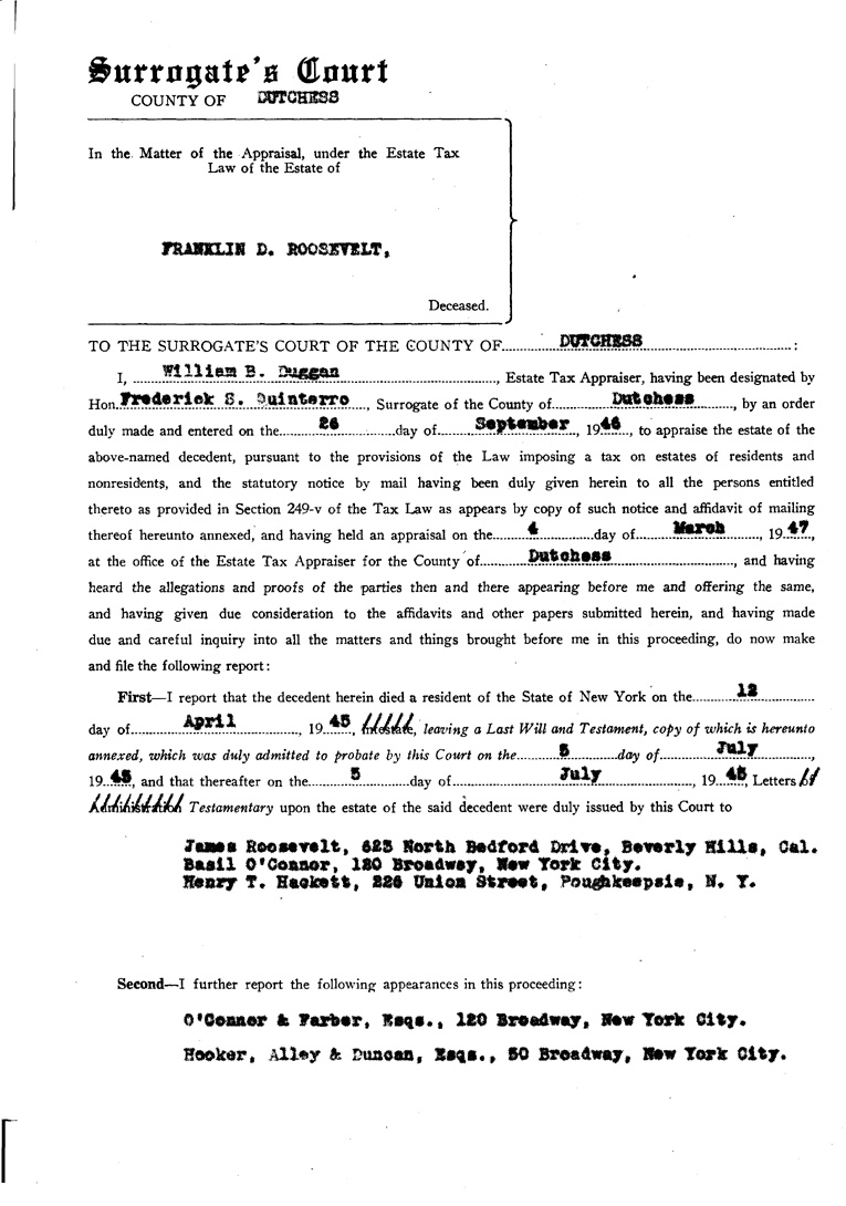 [a902al02.jpg] - Agenda and Minutes of Meeting of Executors of F.D.R.'s estate April 1, 1954