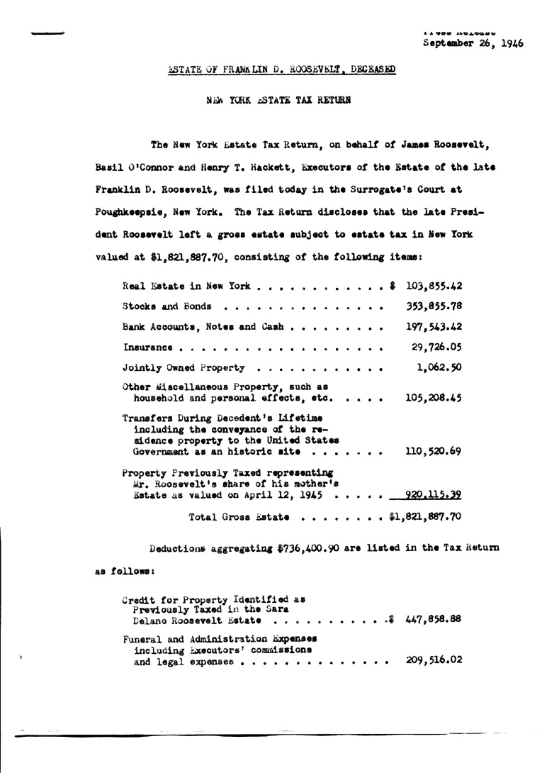 [a902ao01.jpg] - Estate of Franklin D. Roosevelts Tax Return  September 26, 1946