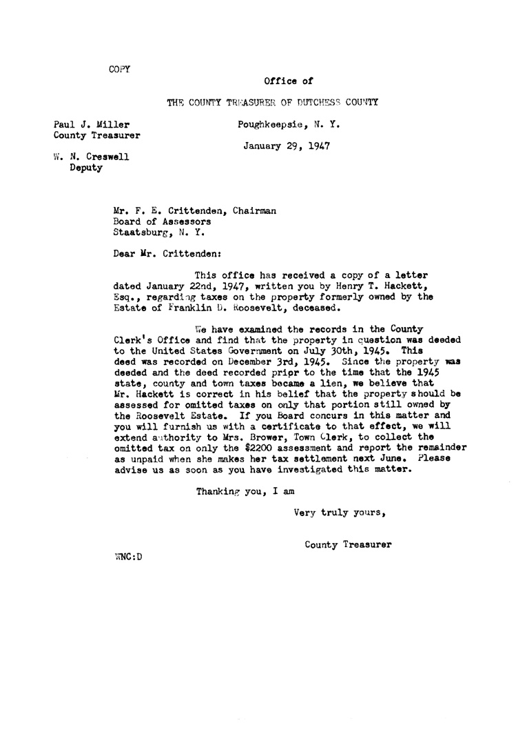 [a902ap01.jpg] - Letter to Board of Assessors from County Treasurer of Dutchess County Jan 29,1947