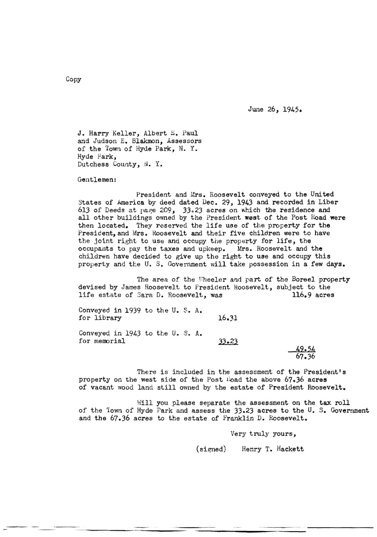 [a902aq01.jpg] - Letter from Hackett to Assessors of the Town of Hyde Park  June 26, 1945