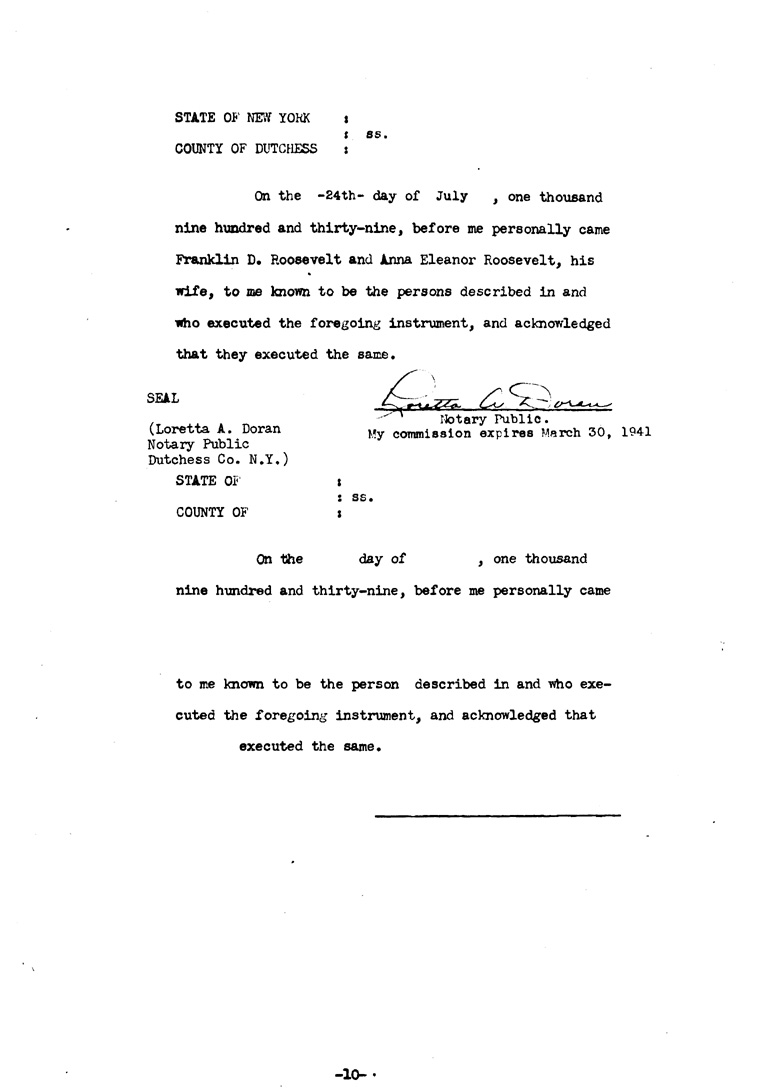 [a902au10.jpg] - Indenture betn. Franklin & Eleanor Roosevelt & US Gov agreed to convey land July24,1939