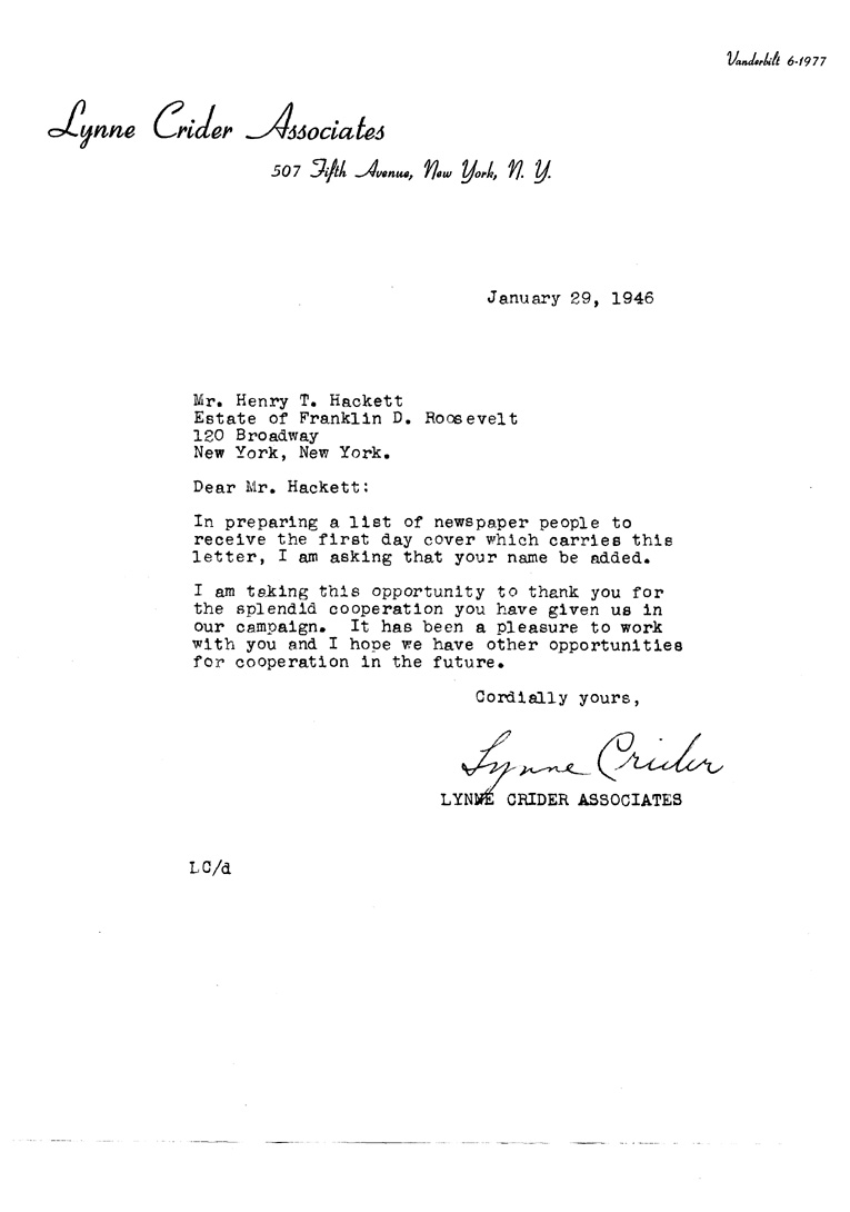 [a903ah01.jpg] - Letter to Hackett from Lynne Crider Associates January 29, 1946