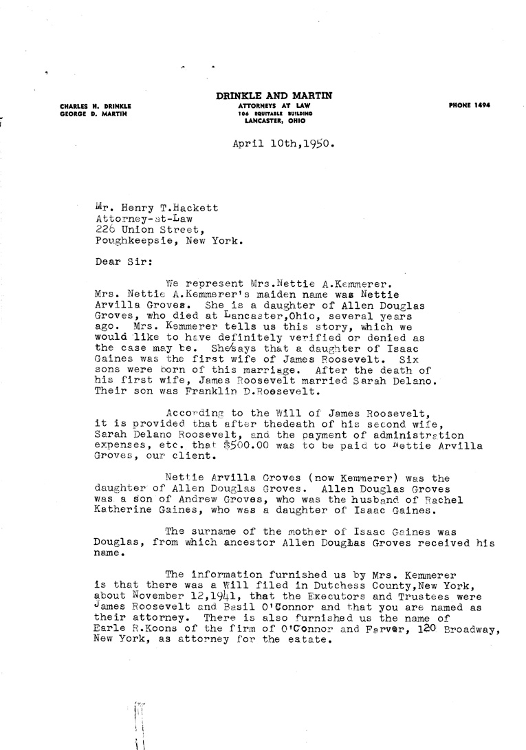 [a903ak01.jpg] - Letter from Charles H. Drinkle to  Henry Hackett April 10,13,15, 1950