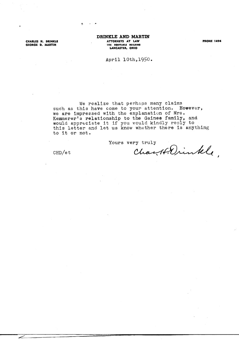 [a903ak02.jpg] - Letter from Charles H. Drinkle to  Henry Hackett April 10,13,15, 1950