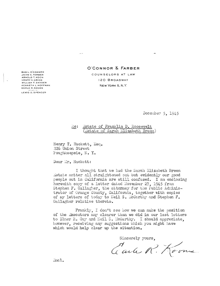 [a900aa01.jpg] - Letter to Hackett from Koons, December 5, 1945