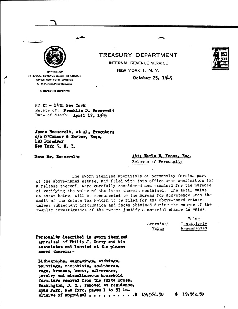 [a900ah01.jpg] - Letter to executors of estate from the Treasury Department, October 25, 1945