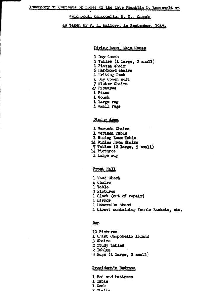 [a900ai01.jpg] - List of contents of Roosevelt s house at Campobello, N.B. Canada, September 1945