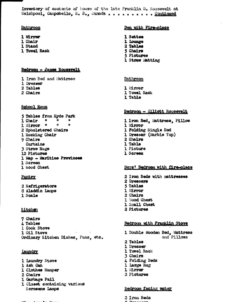 [a900ai02.jpg] - List of contents of Roosevelt s house at Campobello, N.B. Canada, September 1945