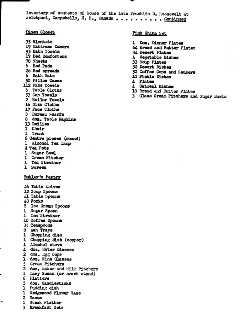 [a900ai05.jpg] - List of contents of Roosevelt s house at Campobello, N.B. Canada, September 1945