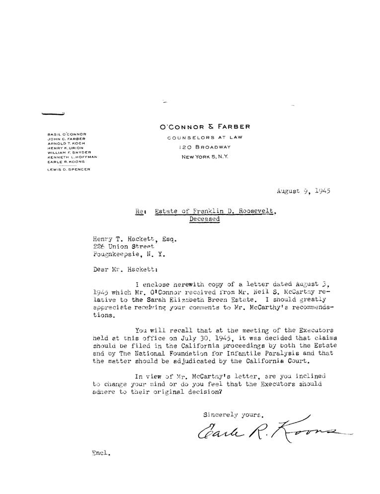 [a900ak01.jpg] - Letter to Hackett from Koons, August 9, 1945