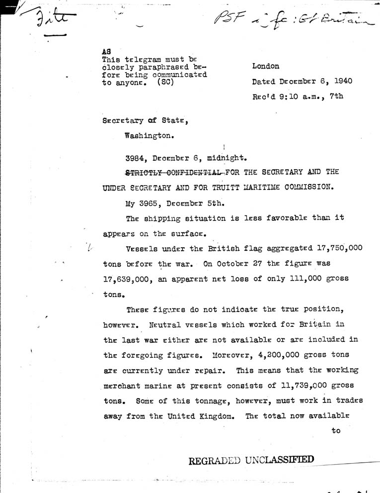 [a26e01.jpg] - Johnson to Secretary of State   12/6/40