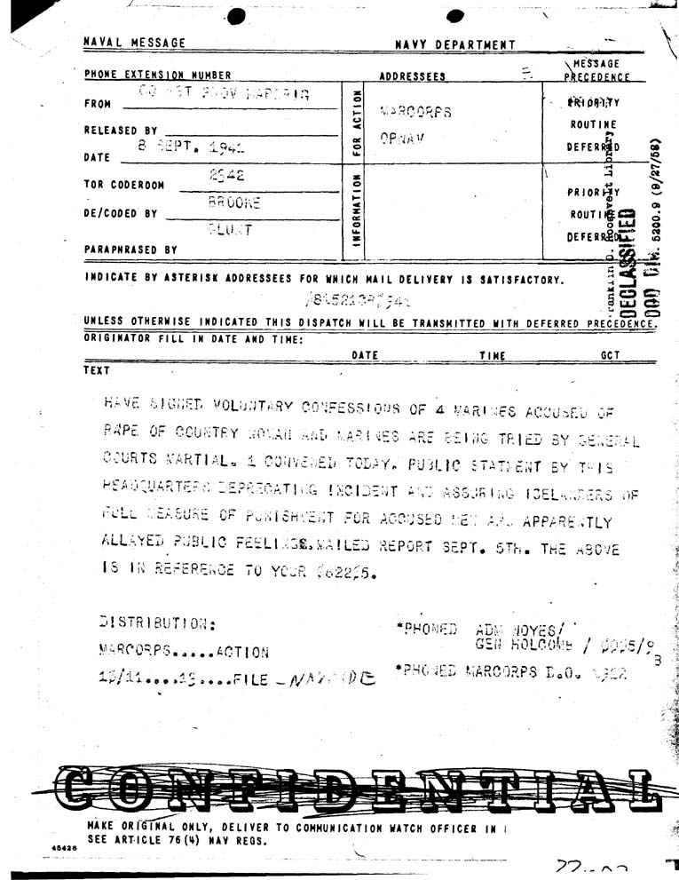 [a33c02.jpg] - Memorandum for President - General Marston's Report on the rape case  Sept 9th 1941
