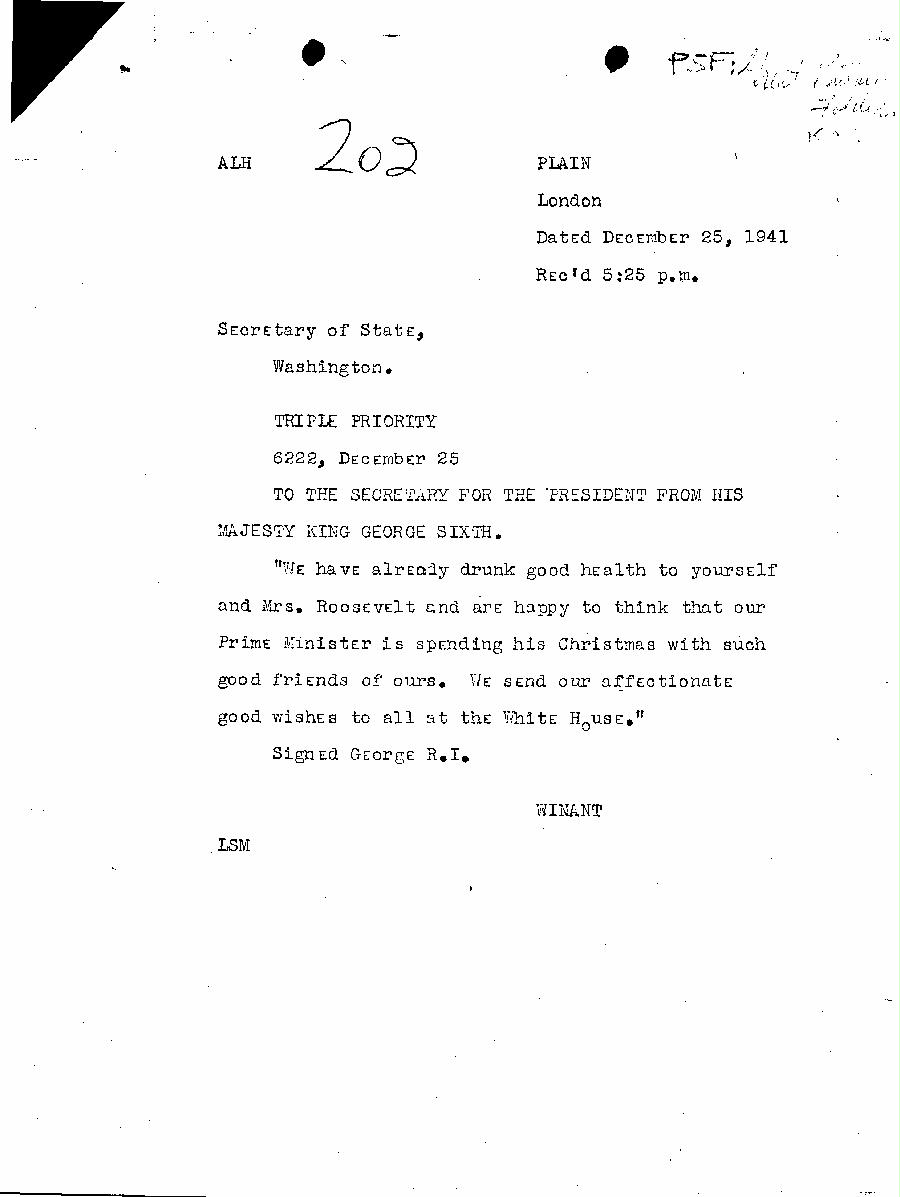 [a34z02.jpg] - To the Secretary for the President from his Majest King George VI - Dec 25th