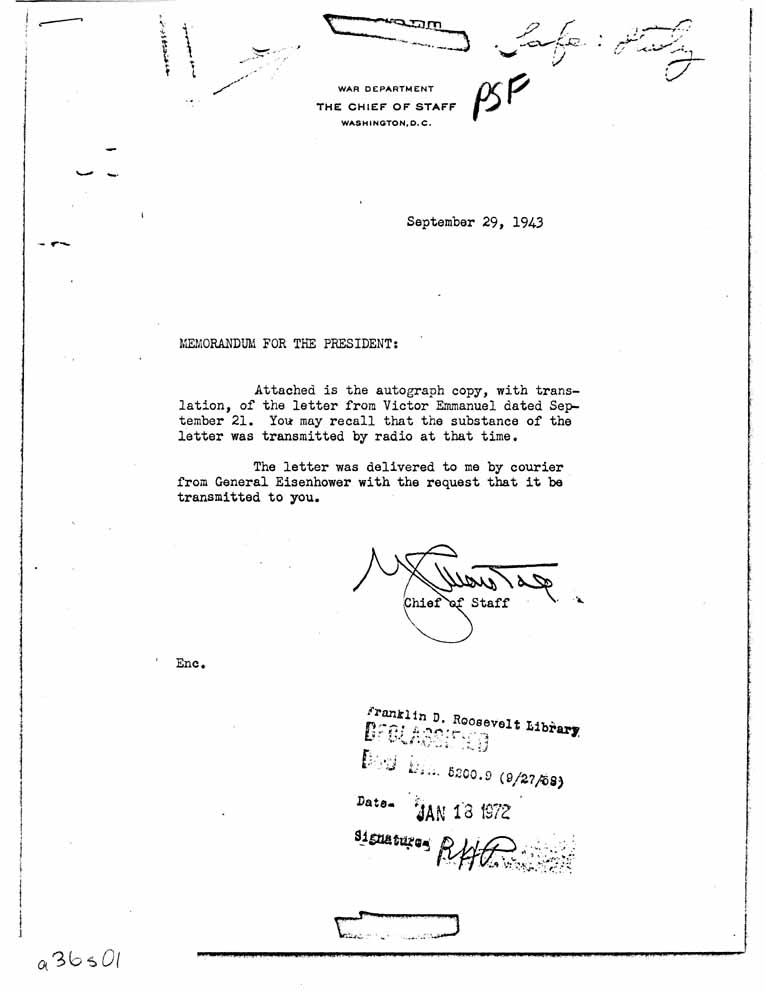 [a36s01.jpg] - Memorandum-Chief of Staff to FDR-Attached; Letter-Victor Emmanuel to FDR-Sept 29, 1941