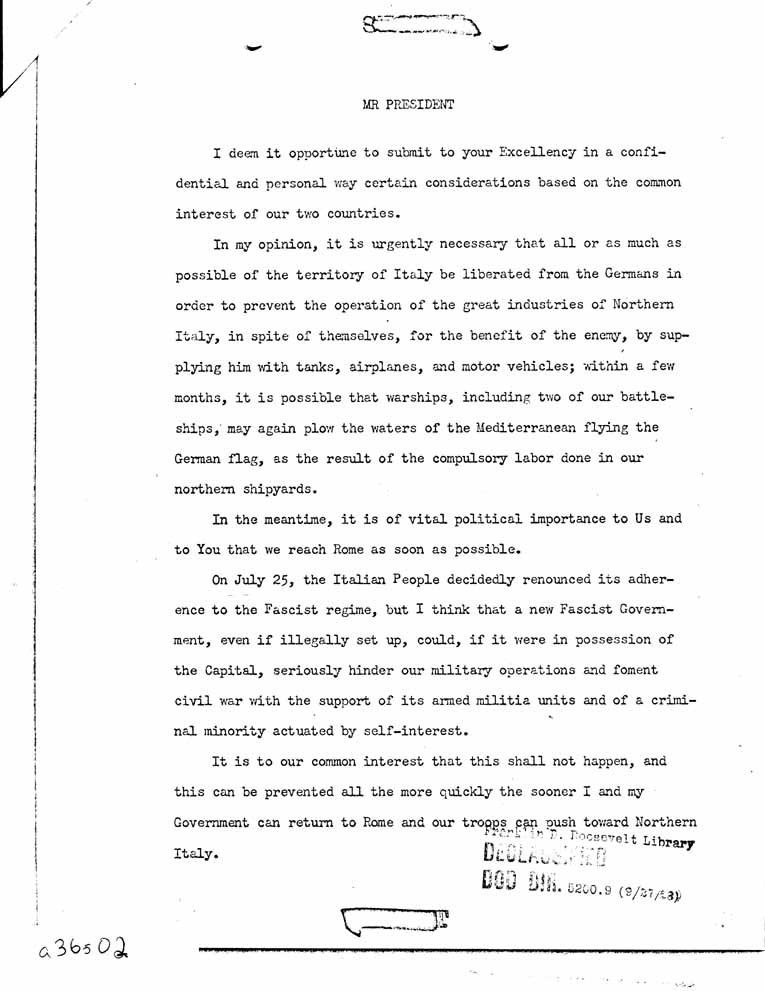 [a36s02.jpg] - Memorandum-Chief of Staff to FDR-Attached; Letter-Victor Emmanuel to FDR-Sept 29, 1941
