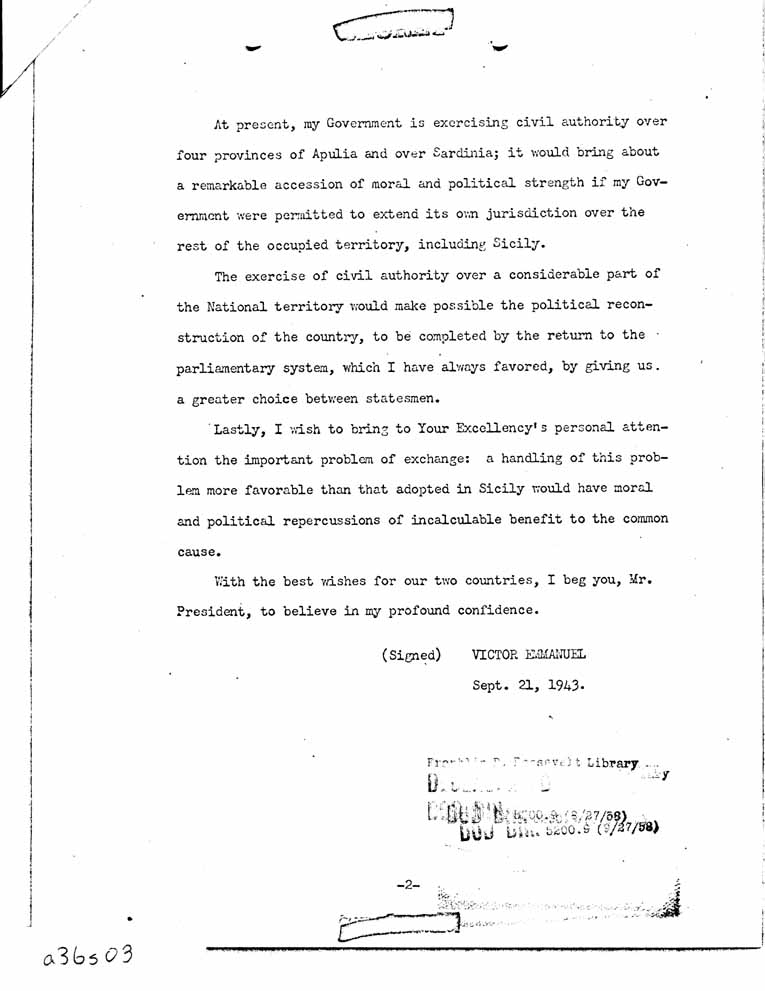 [a36s03.jpg] - Memorandum-Chief of Staff to FDR-Attached; Letter-Victor Emmanuel to FDR-Sept 29, 1941