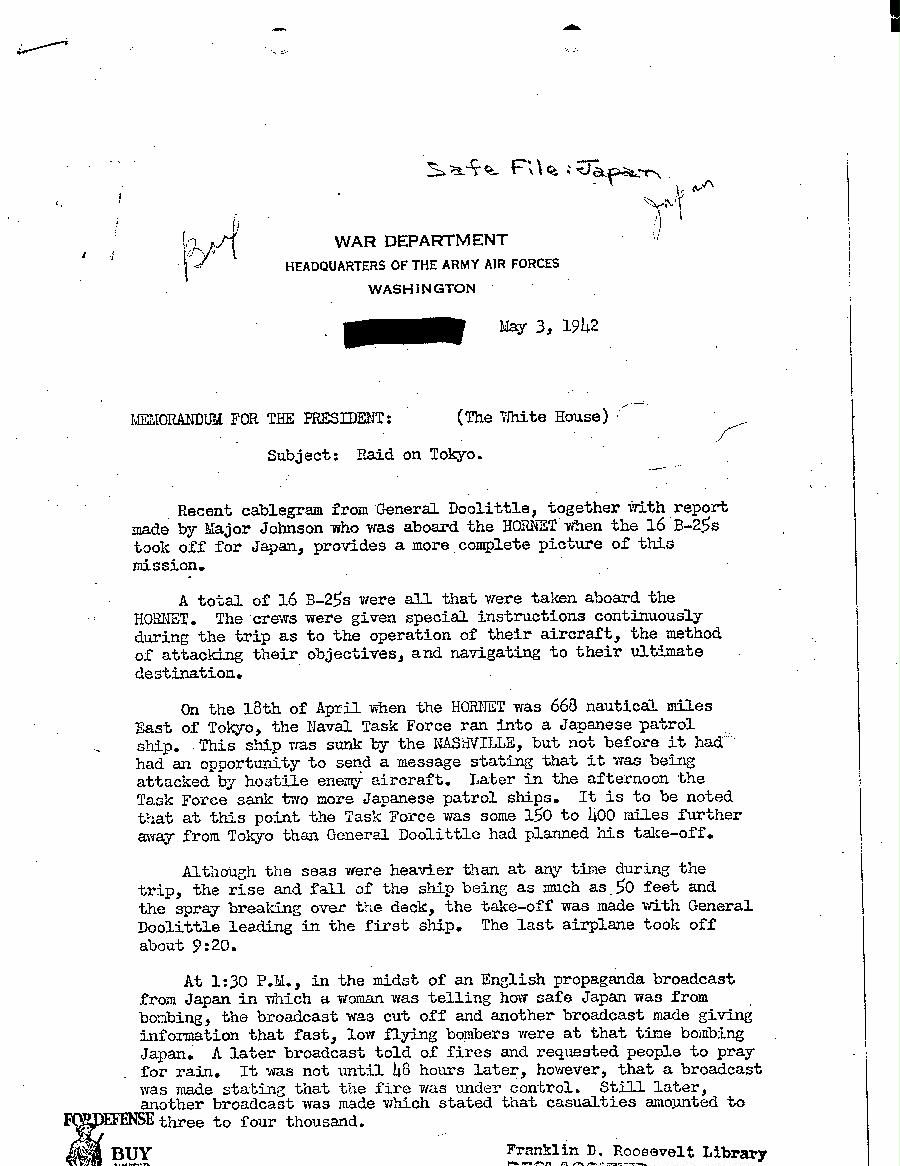 [a37i01.jpg] - Memorandum, Raid on Tokyo-H.H. Arnold-->President-May 3, 1942