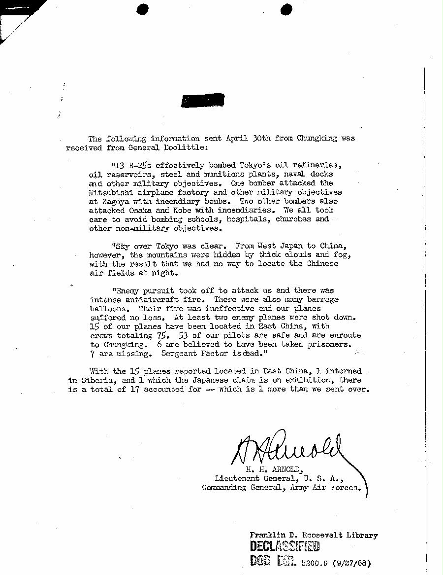 [a37i02.jpg] - Memorandum, Raid on Tokyo-H.H. Arnold-->President-May 3, 1942