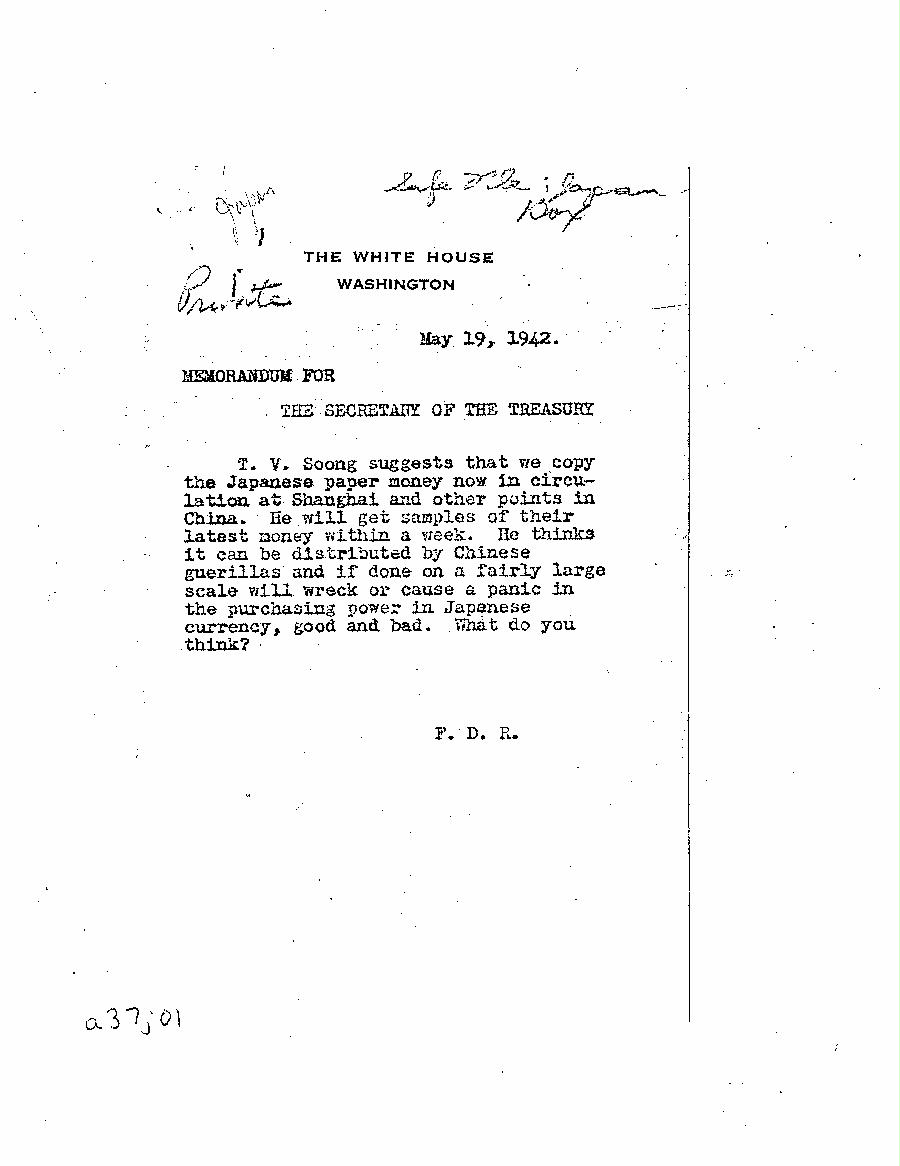 [a37j01.jpg] - Memorandum-FDR-->Secretary of the Treasury-May 19, 1942