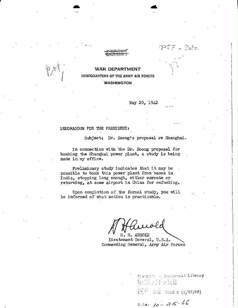 [a37l01.jpg] - Memorandum-HH Arnold-->President-May 20, 1942