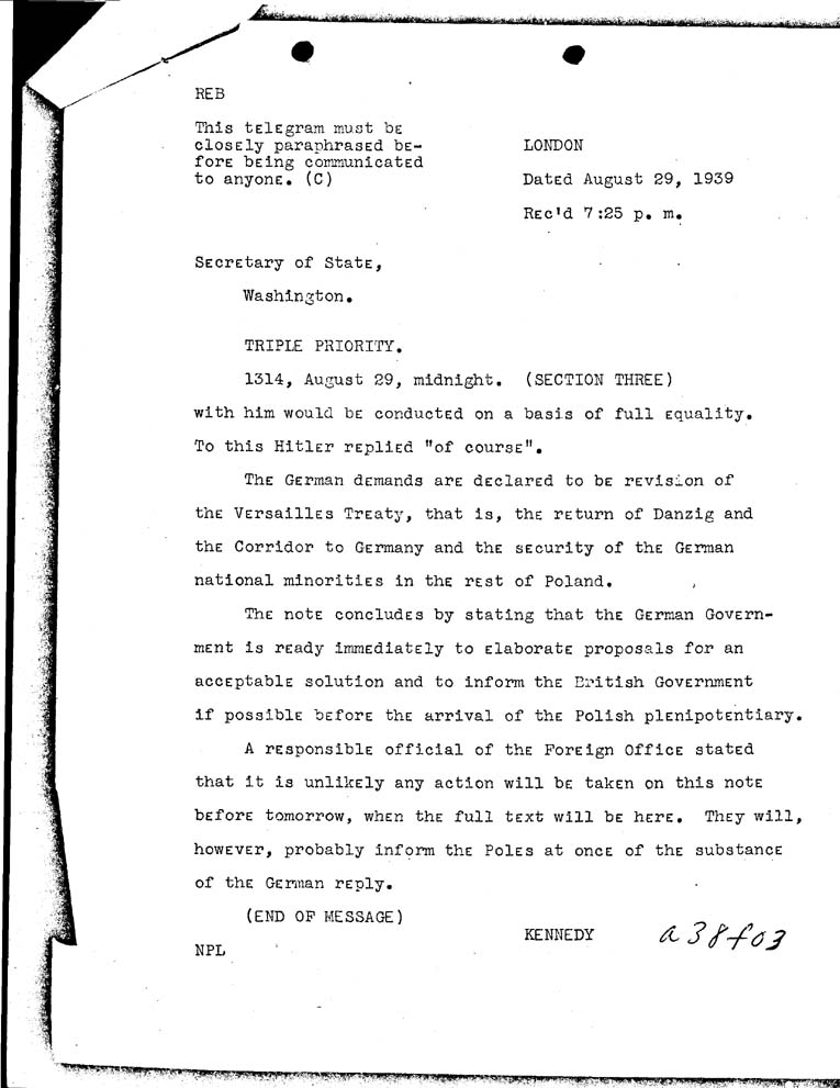 [a38f03.jpg] - Kennedy-->Secretary of State-Aug 29, 1939-6:44p.m.