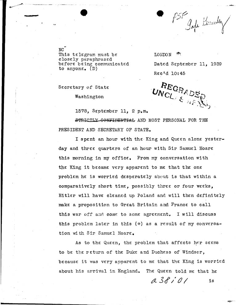 [a38i01.jpg] - Kennedy-->Secretary of State-September 11, 1939-10:45