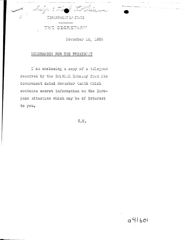 [a41b01.jpg] - Memorandum-CH-->The President-November 13, 1939