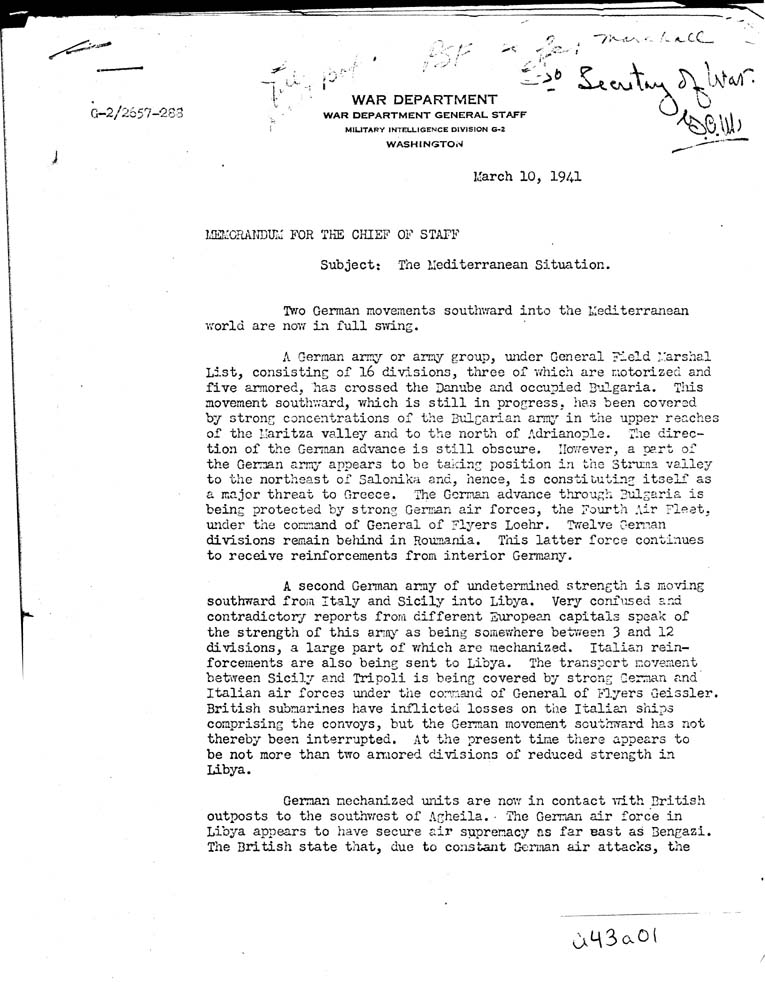 [a43a01.jpg] - Memorandum-Sherman Miles-->The Chief of Staff-March 10, 1941
