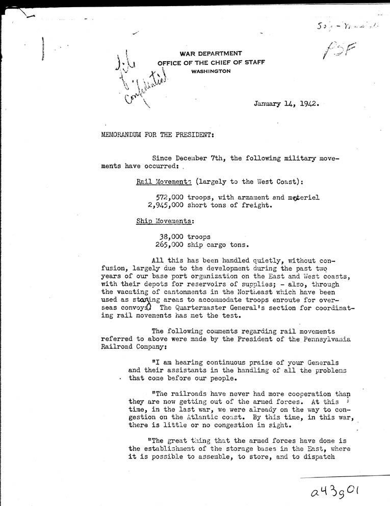 [a43g01.jpg] - Memorandum-Chief of Staff-->The President-January 14, 1942