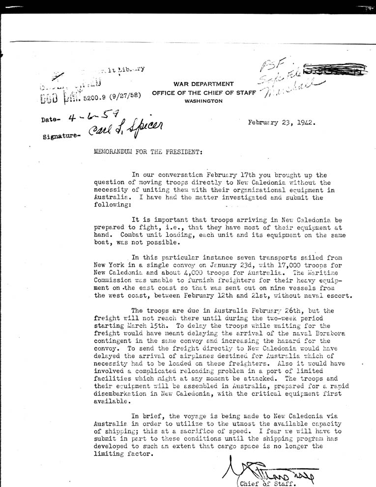 [a43i01.jpg] - Memorandum-Chief of Staff-->President-Feb 23, 1942