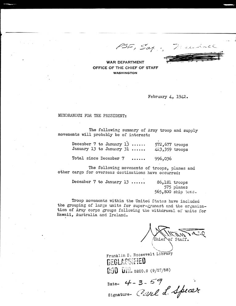 [a43j01.jpg] - Memorandum-Chief of Staff-->President-Feb 4, 1942