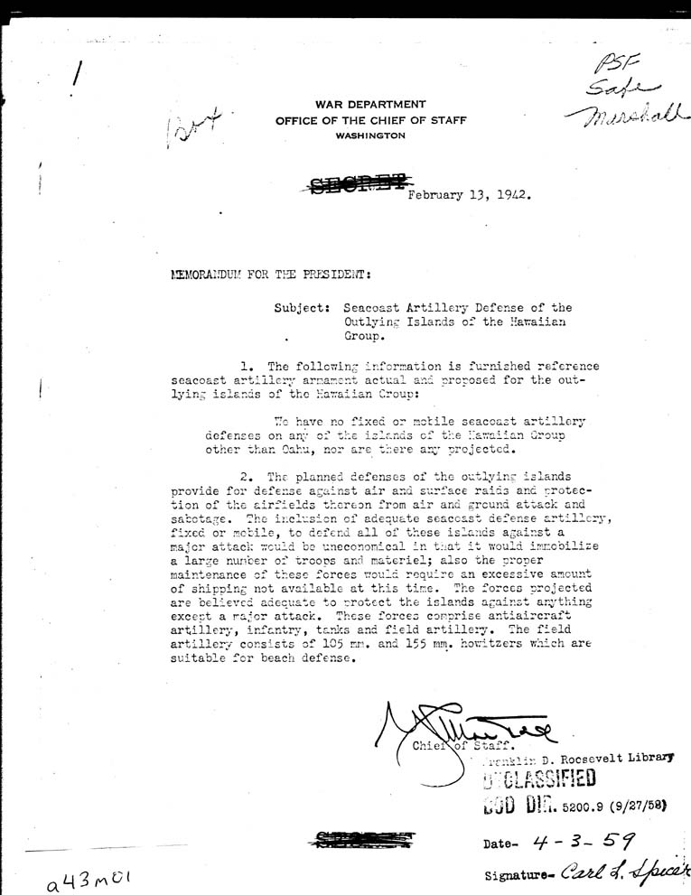 [a43m01.jpg] - Memorandum-Chief of Staff-->President-Feb 13, 1942