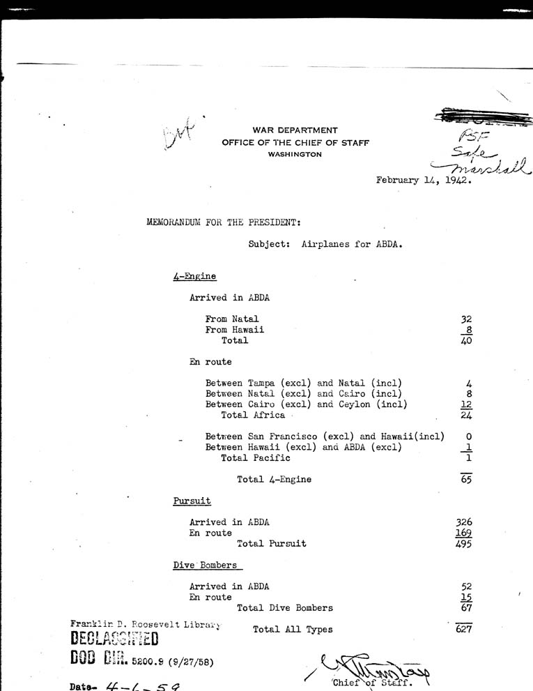 [a43n01.jpg] - Memorandum-Chief of Staff-->President-Feb 14, 1942