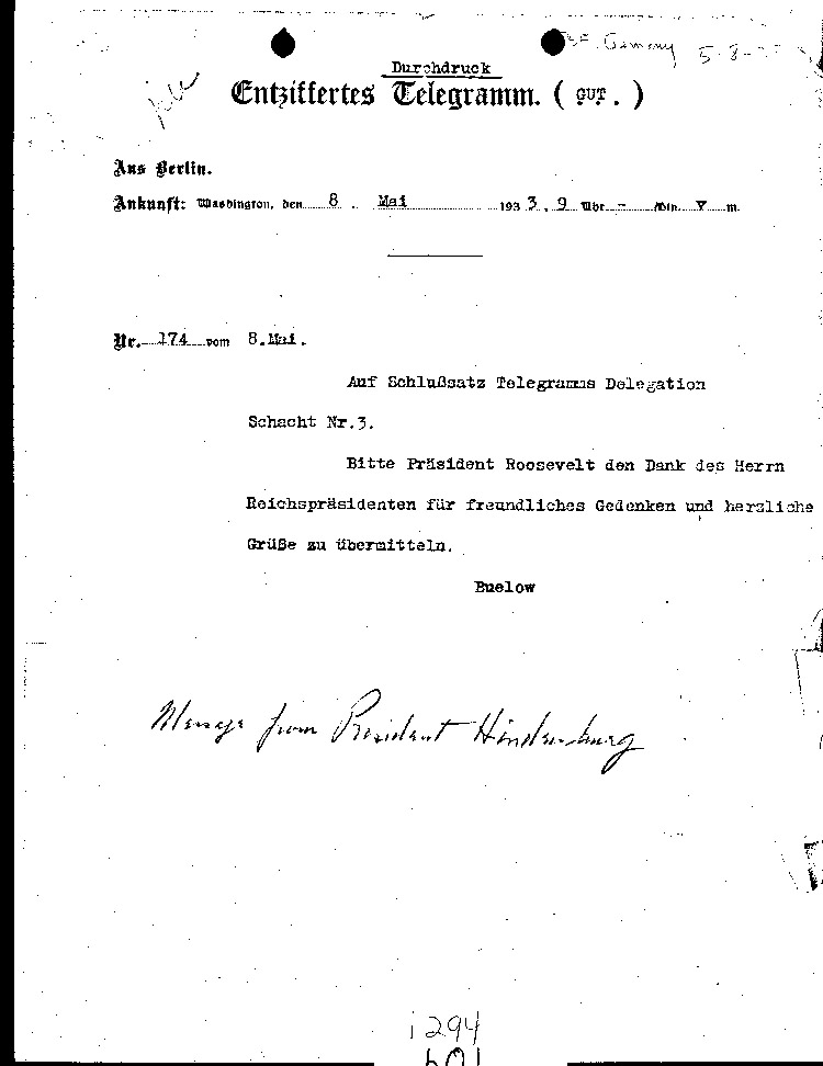 [a294b01.jpg] - German telegram from President Hindenburg 5/8/33