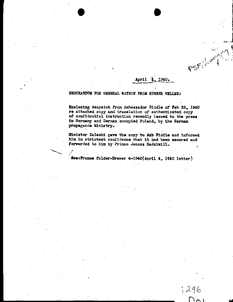 [a296f01.jpg] - Memorandum: Sumner Welles-->Gen. Watson 4/4/40