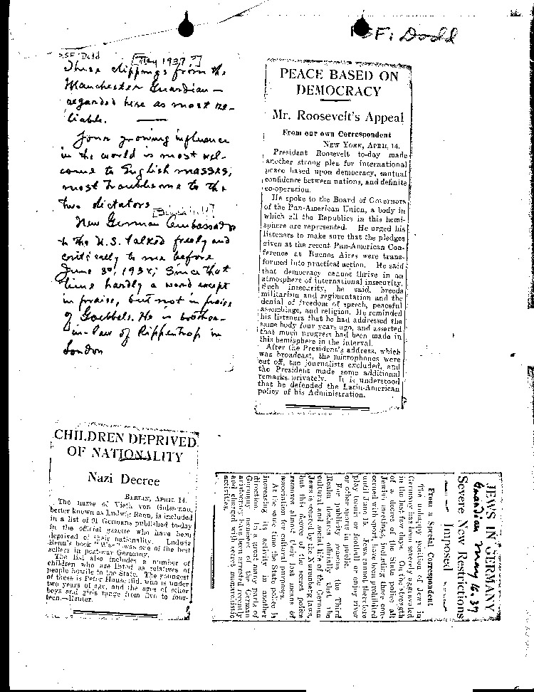 [a300w01.jpg] - newspaper clippings with note from Dodd to FDR attached 5/37?