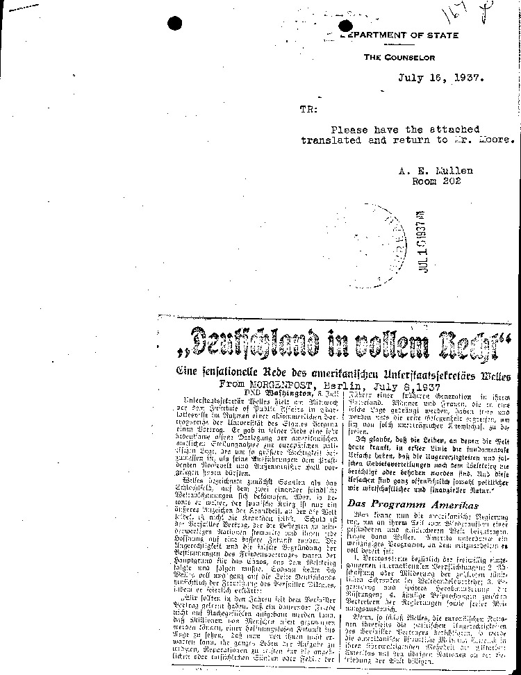 [a300z01.jpg] - German newspaper clipping with note from A.E. Mullen to T.R. attached 7/16/37
