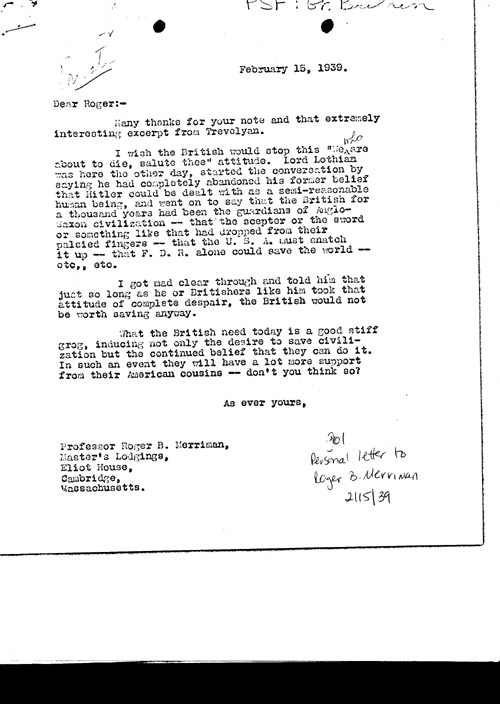 [a304g01.jpg] - Personal letter to Roger B. Merriman 2/15/39