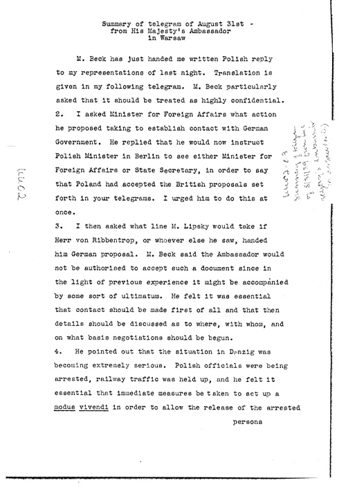 [a304uu02.jpg] - Summary of telegram of 8/31 from His Majesty's Ambassador in Warsaw 8/31/39